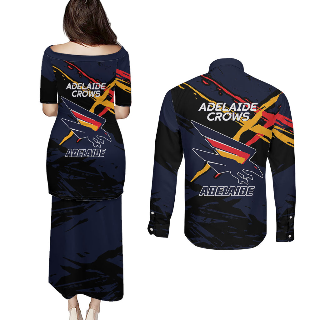 Adelaide Football Club Couples Matching Puletasi and Long Sleeve Button Shirt Crows Muscular Mascot Graphic - Abstract Paint Splatter Art