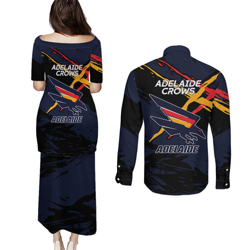 Adelaide Football Club Couples Matching Puletasi and Long Sleeve Button Shirt Crows Muscular Mascot Graphic - Abstract Paint Splatter Art