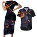 Adelaide Football Club Couples Matching Short Sleeve Bodycon Dress and Hawaiian Shirt Crows Muscular Mascot Graphic - Abstract Paint Splatter Art