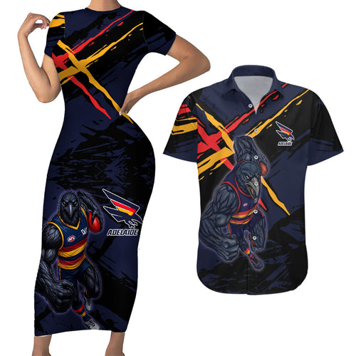 Adelaide Football Club Couples Matching Short Sleeve Bodycon Dress and Hawaiian Shirt Crows Muscular Mascot Graphic - Abstract Paint Splatter Art
