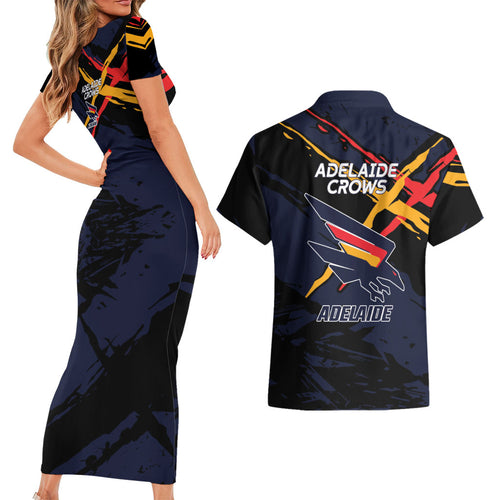 Adelaide Football Club Couples Matching Short Sleeve Bodycon Dress and Hawaiian Shirt Crows Muscular Mascot Graphic - Abstract Paint Splatter Art