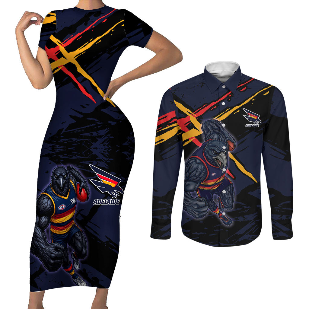 Adelaide Football Club Couples Matching Short Sleeve Bodycon Dress and Long Sleeve Button Shirt Crows Muscular Mascot Graphic - Abstract Paint Splatter Art
