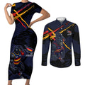 Adelaide Football Club Couples Matching Short Sleeve Bodycon Dress and Long Sleeve Button Shirt Crows Muscular Mascot Graphic - Abstract Paint Splatter Art