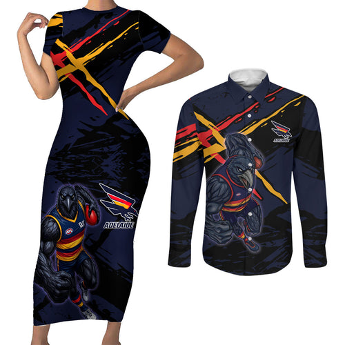 Adelaide Football Club Couples Matching Short Sleeve Bodycon Dress and Long Sleeve Button Shirt Crows Muscular Mascot Graphic - Abstract Paint Splatter Art