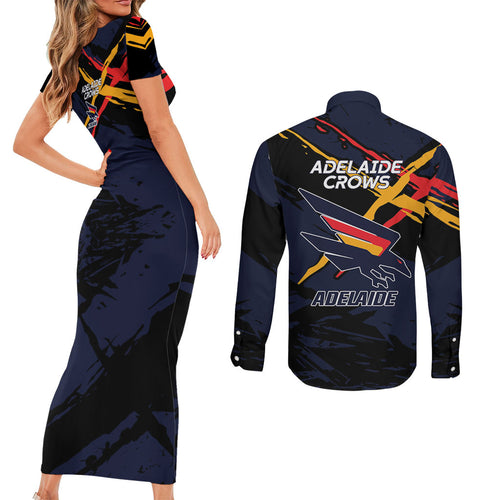 Adelaide Football Club Couples Matching Short Sleeve Bodycon Dress and Long Sleeve Button Shirt Crows Muscular Mascot Graphic - Abstract Paint Splatter Art