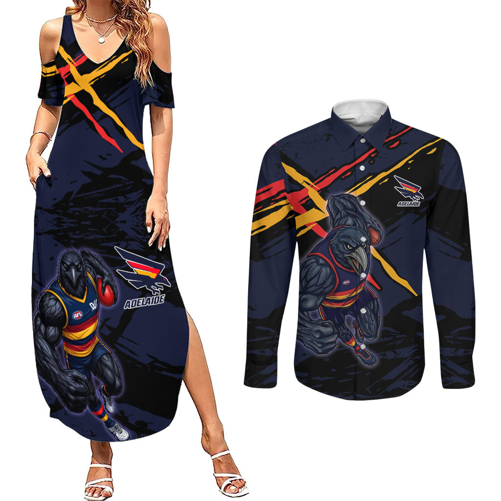 Adelaide Football Club Couples Matching Summer Maxi Dress and Long Sleeve Button Shirt Crows Muscular Mascot Graphic - Abstract Paint Splatter Art
