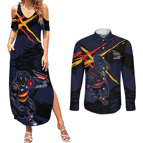Adelaide Football Club Couples Matching Summer Maxi Dress and Long Sleeve Button Shirt Crows Muscular Mascot Graphic - Abstract Paint Splatter Art