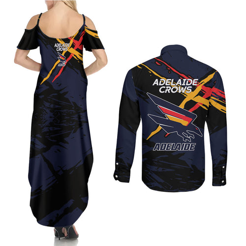 Adelaide Football Club Couples Matching Summer Maxi Dress and Long Sleeve Button Shirt Crows Muscular Mascot Graphic - Abstract Paint Splatter Art