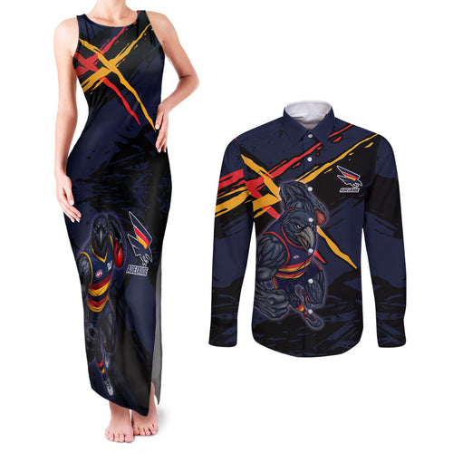 Adelaide Football Club Couples Matching Tank Maxi Dress and Long Sleeve Button Shirt Crows Muscular Mascot Graphic - Abstract Paint Splatter Art