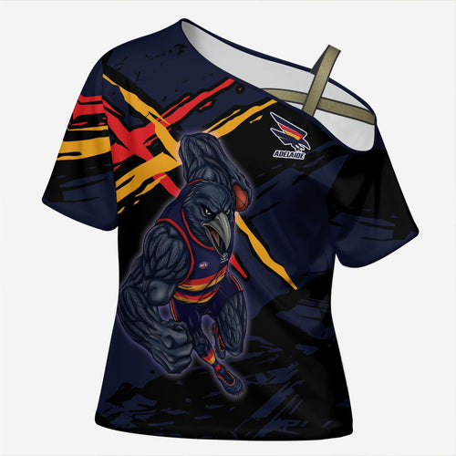 Adelaide Football Club Cross Shoulder Shirt Crows Muscular Mascot Graphic - Abstract Paint Splatter Art
