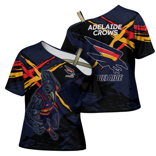 Adelaide Football Club Cross Shoulder Shirt Crows Muscular Mascot Graphic - Abstract Paint Splatter Art