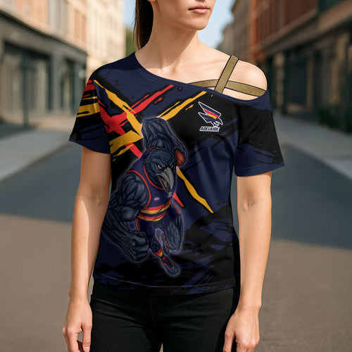 Adelaide Football Club Cross Shoulder Shirt Crows Muscular Mascot Graphic - Abstract Paint Splatter Art