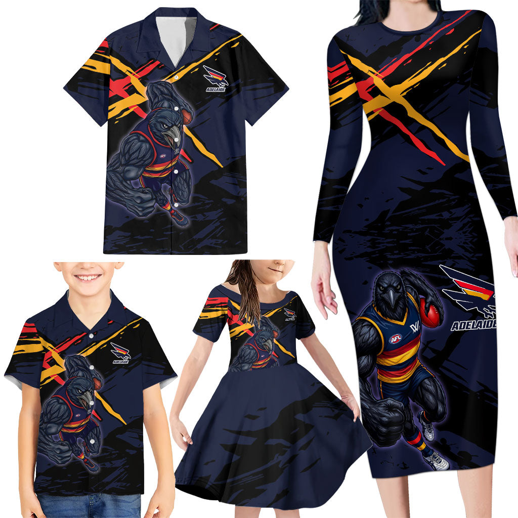 Adelaide Football Club Family Matching Long Sleeve Bodycon Dress and Hawaiian Shirt Crows Muscular Mascot Graphic - Abstract Paint Splatter Art
