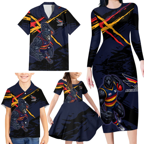 Adelaide Football Club Family Matching Long Sleeve Bodycon Dress and Hawaiian Shirt Crows Muscular Mascot Graphic - Abstract Paint Splatter Art