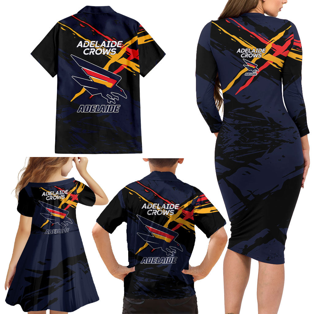 Adelaide Football Club Family Matching Long Sleeve Bodycon Dress and Hawaiian Shirt Crows Muscular Mascot Graphic - Abstract Paint Splatter Art