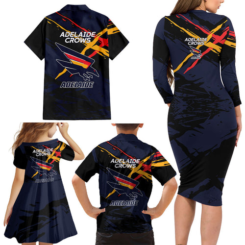 Adelaide Football Club Family Matching Long Sleeve Bodycon Dress and Hawaiian Shirt Crows Muscular Mascot Graphic - Abstract Paint Splatter Art