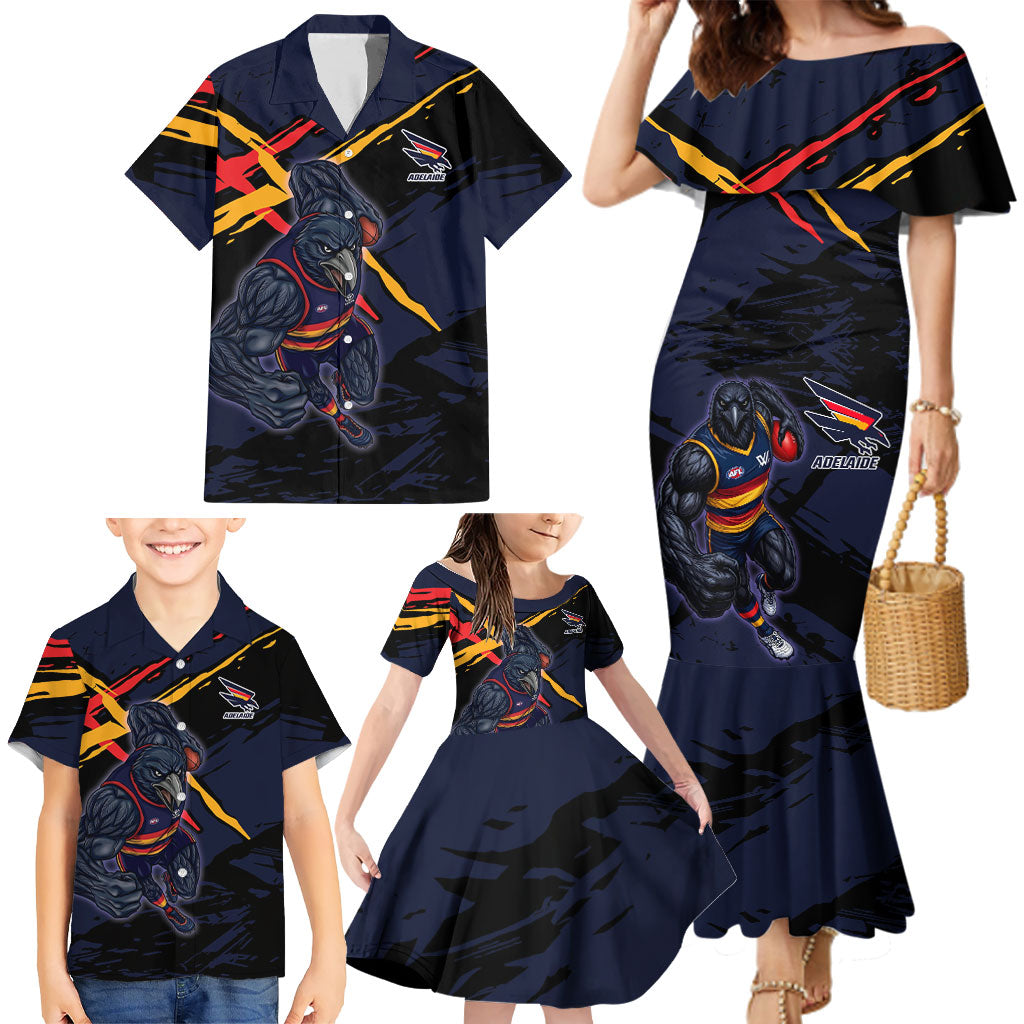 Adelaide Football Club Family Matching Mermaid Dress and Hawaiian Shirt Crows Muscular Mascot Graphic - Abstract Paint Splatter Art