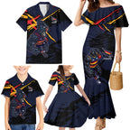 Adelaide Football Club Family Matching Mermaid Dress and Hawaiian Shirt Crows Muscular Mascot Graphic - Abstract Paint Splatter Art