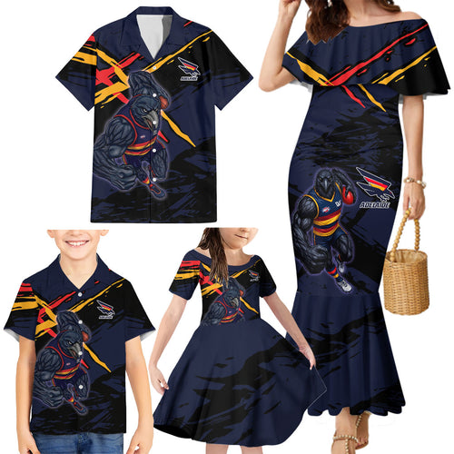 Adelaide Football Club Family Matching Mermaid Dress and Hawaiian Shirt Crows Muscular Mascot Graphic - Abstract Paint Splatter Art