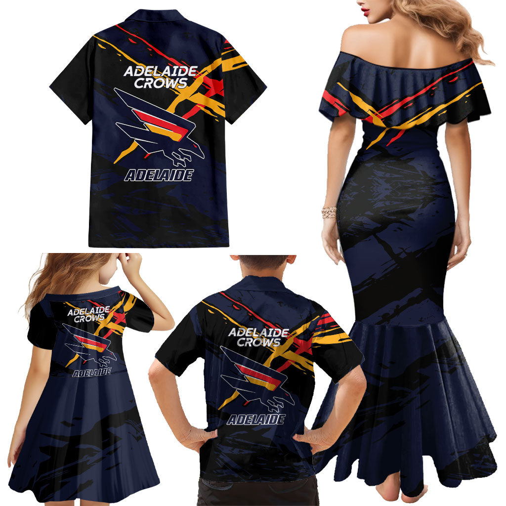 Adelaide Football Club Family Matching Mermaid Dress and Hawaiian Shirt Crows Muscular Mascot Graphic - Abstract Paint Splatter Art
