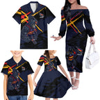 Adelaide Football Club Family Matching Off The Shoulder Long Sleeve Dress and Hawaiian Shirt Crows Muscular Mascot Graphic - Abstract Paint Splatter Art