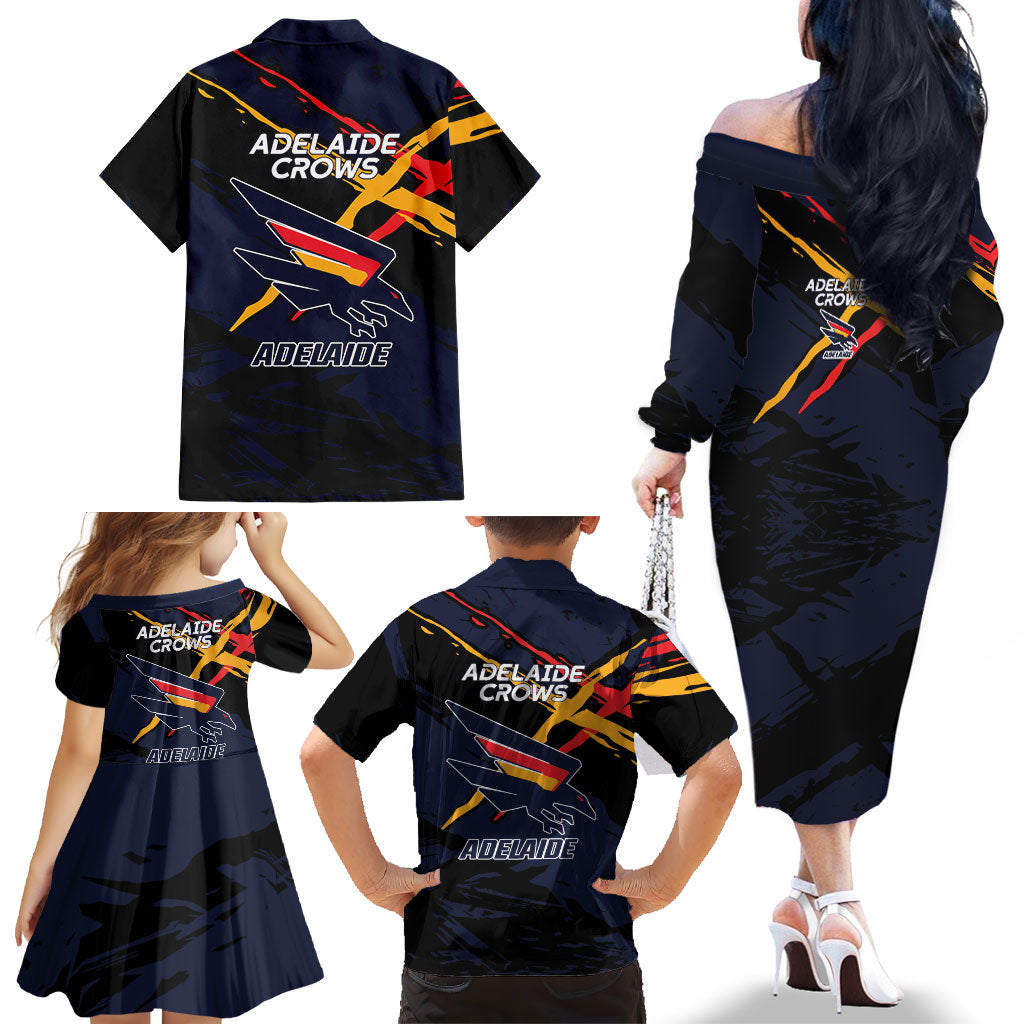 Adelaide Football Club Family Matching Off The Shoulder Long Sleeve Dress and Hawaiian Shirt Crows Muscular Mascot Graphic - Abstract Paint Splatter Art
