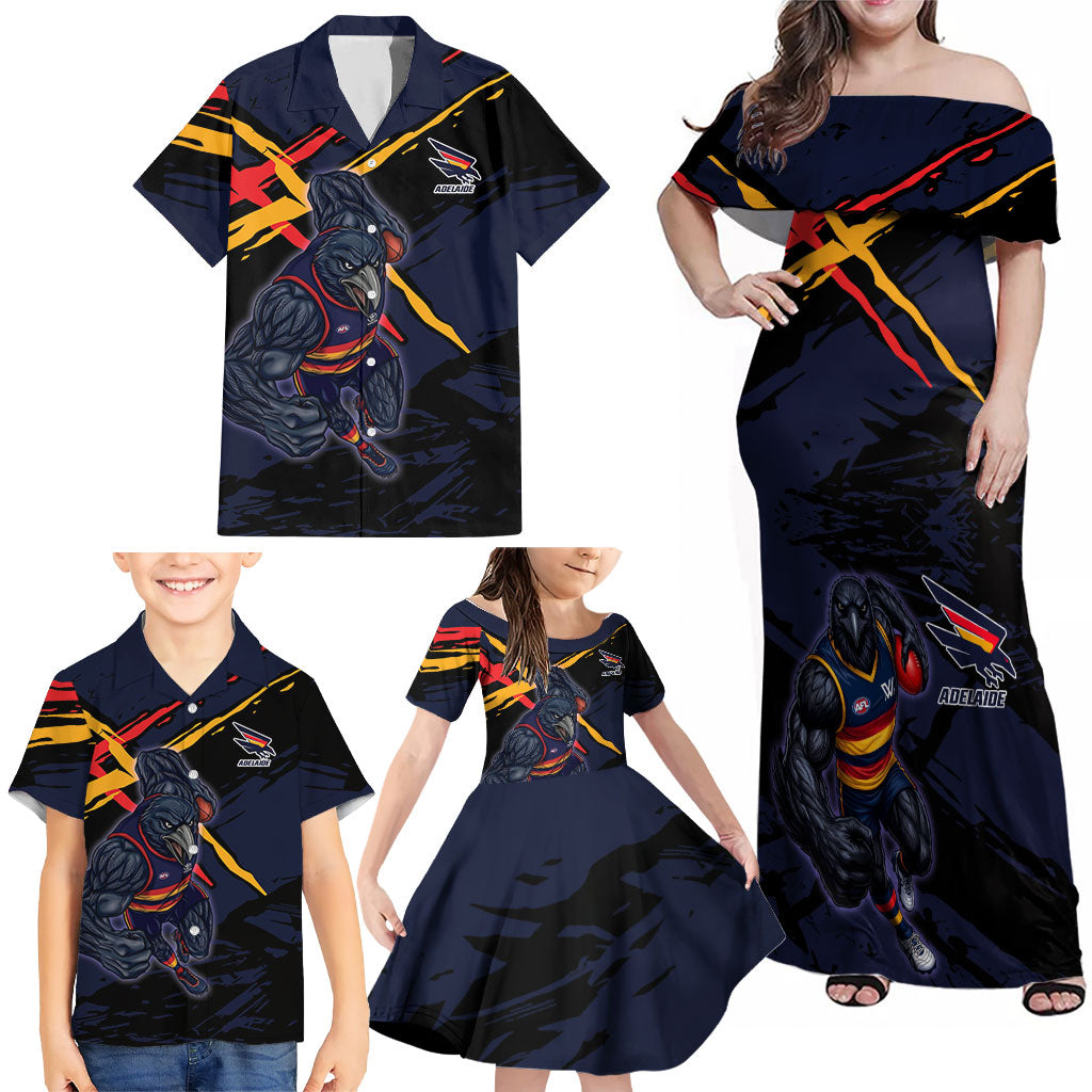Adelaide Football Club Family Matching Off Shoulder Maxi Dress and Hawaiian Shirt Crows Muscular Mascot Graphic - Abstract Paint Splatter Art