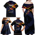 Adelaide Football Club Family Matching Off Shoulder Maxi Dress and Hawaiian Shirt Crows Muscular Mascot Graphic - Abstract Paint Splatter Art