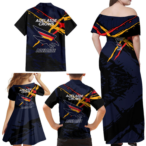 Adelaide Football Club Family Matching Off Shoulder Maxi Dress and Hawaiian Shirt Crows Muscular Mascot Graphic - Abstract Paint Splatter Art