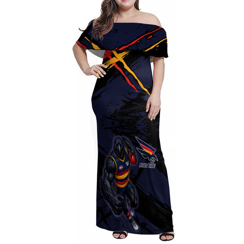 Adelaide Football Club Family Matching Off Shoulder Maxi Dress and Hawaiian Shirt Crows Muscular Mascot Graphic - Abstract Paint Splatter Art