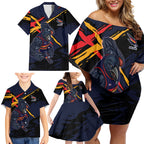 Adelaide Football Club Family Matching Off Shoulder Short Dress and Hawaiian Shirt Crows Muscular Mascot Graphic - Abstract Paint Splatter Art