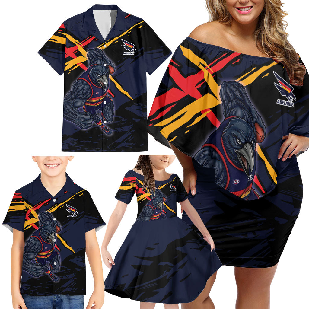 Adelaide Football Club Family Matching Off Shoulder Short Dress and Hawaiian Shirt Crows Muscular Mascot Graphic - Abstract Paint Splatter Art