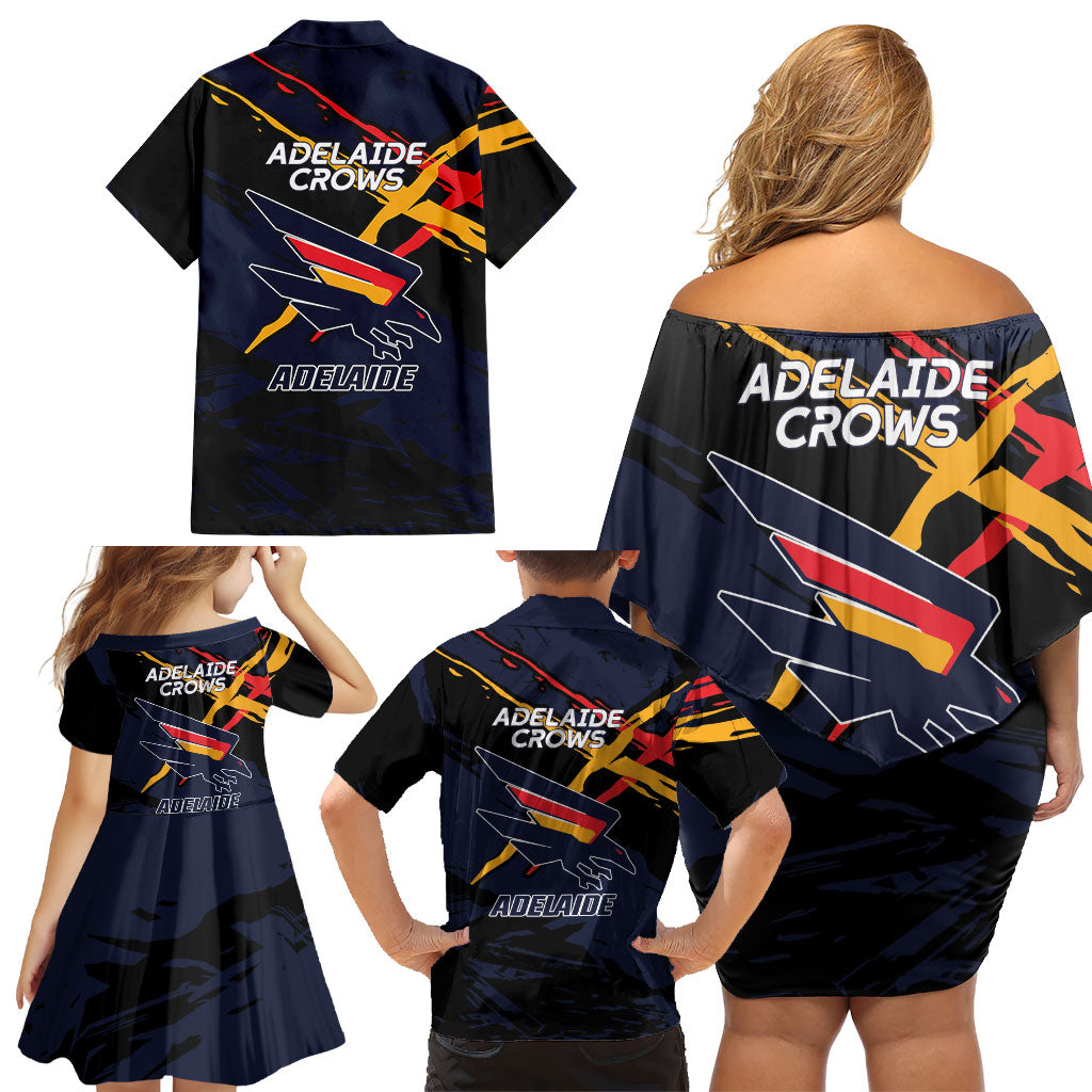 Adelaide Football Club Family Matching Off Shoulder Short Dress and Hawaiian Shirt Crows Muscular Mascot Graphic - Abstract Paint Splatter Art