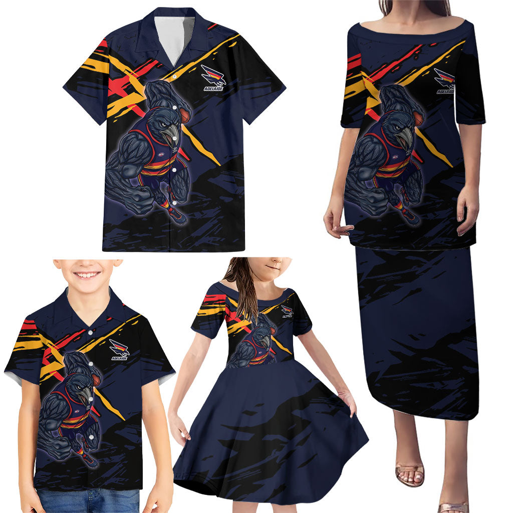 Adelaide Football Club Family Matching Puletasi and Hawaiian Shirt Crows Muscular Mascot Graphic - Abstract Paint Splatter Art