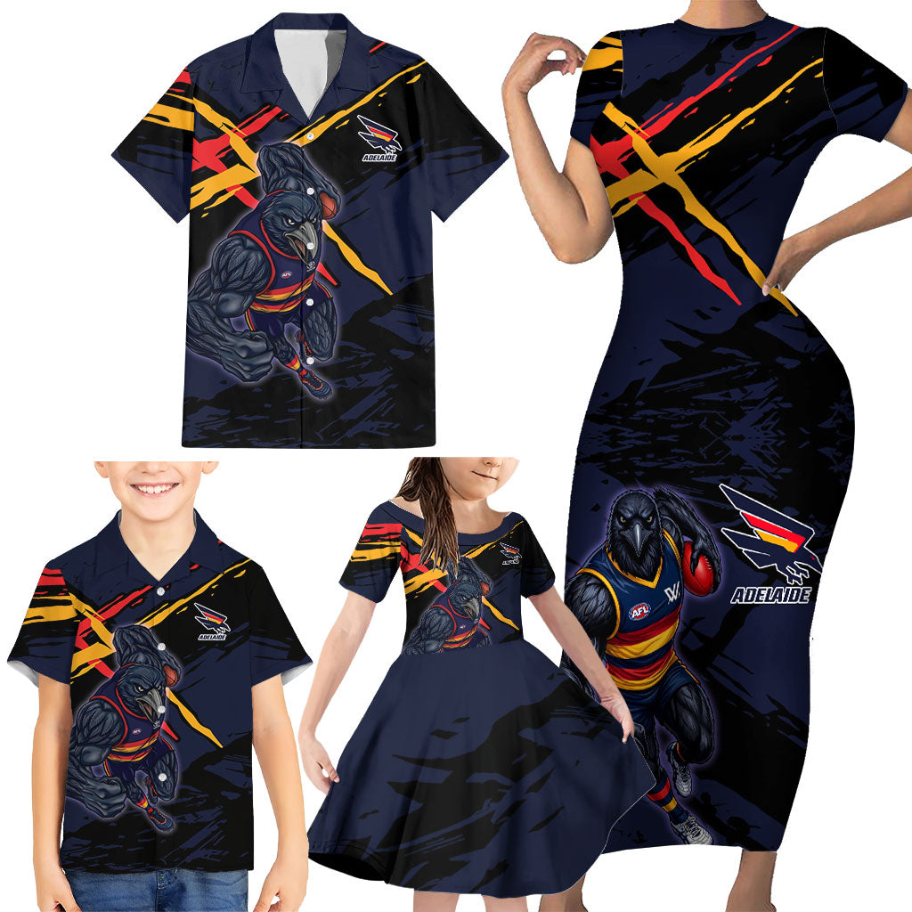Adelaide Football Club Family Matching Short Sleeve Bodycon Dress and Hawaiian Shirt Crows Muscular Mascot Graphic - Abstract Paint Splatter Art