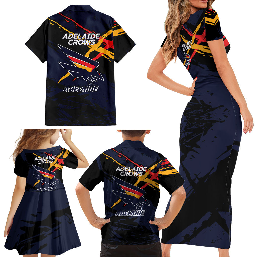 Adelaide Football Club Family Matching Short Sleeve Bodycon Dress and Hawaiian Shirt Crows Muscular Mascot Graphic - Abstract Paint Splatter Art