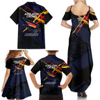 Adelaide Football Club Family Matching Summer Maxi Dress and Hawaiian Shirt Crows Muscular Mascot Graphic - Abstract Paint Splatter Art