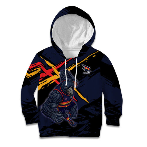 Adelaide Football Club Kid Hoodie Crows Muscular Mascot Graphic - Abstract Paint Splatter Art