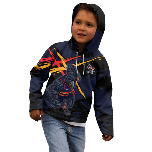Adelaide Football Club Kid Hoodie Crows Muscular Mascot Graphic - Abstract Paint Splatter Art