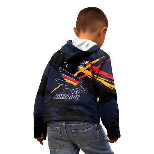 Adelaide Football Club Kid Hoodie Crows Muscular Mascot Graphic - Abstract Paint Splatter Art