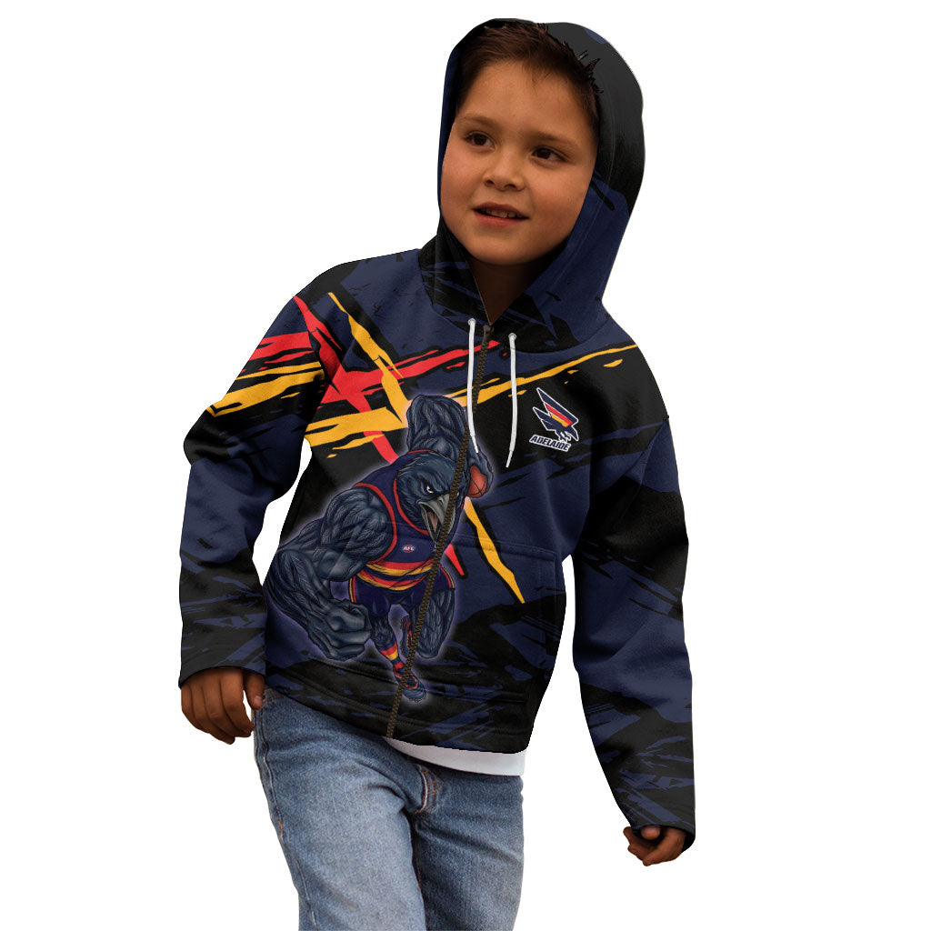 Adelaide Football Club Kid Hoodie Crows Muscular Mascot Graphic - Abstract Paint Splatter Art
