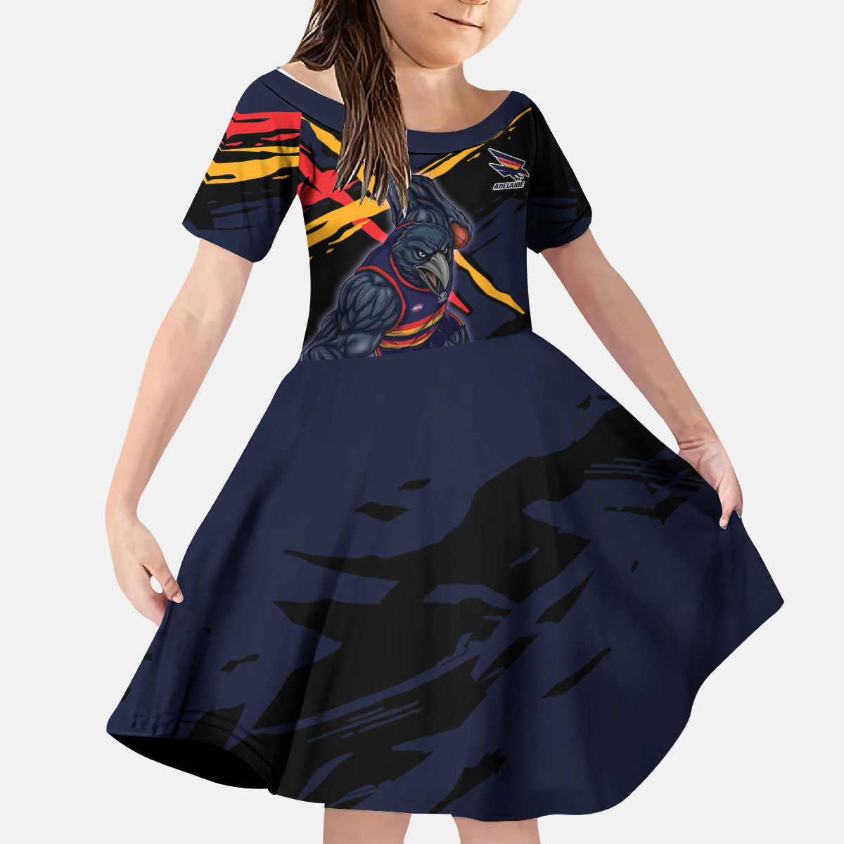 Adelaide Football Club Kid Short Sleeve Dress Crows Muscular Mascot Graphic - Abstract Paint Splatter Art