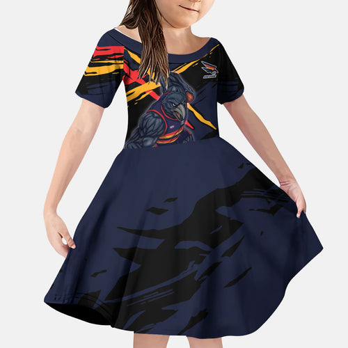 Adelaide Football Club Kid Short Sleeve Dress Crows Muscular Mascot Graphic - Abstract Paint Splatter Art