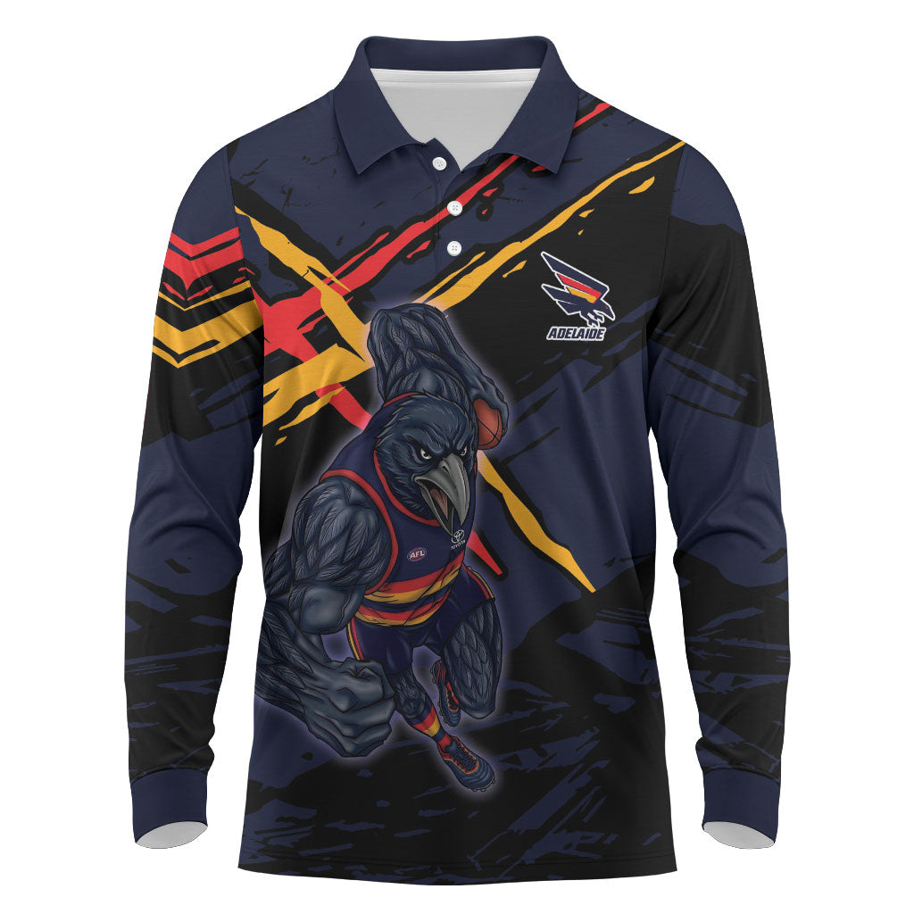 Adelaide Football Club Long Sleeve Polo Shirt Crows Muscular Mascot Graphic - Abstract Paint Splatter Art