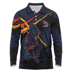 Adelaide Football Club Long Sleeve Polo Shirt Crows Muscular Mascot Graphic - Abstract Paint Splatter Art