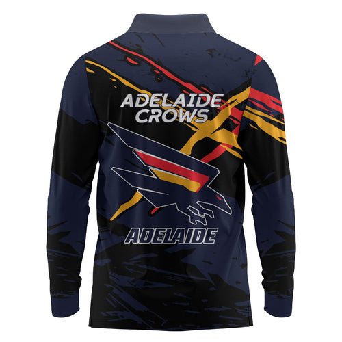 Adelaide Football Club Long Sleeve Polo Shirt Crows Muscular Mascot Graphic - Abstract Paint Splatter Art