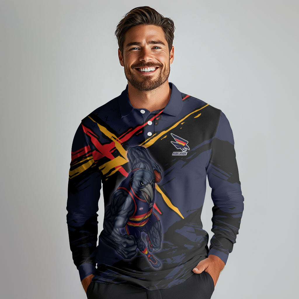 Adelaide Football Club Long Sleeve Polo Shirt Crows Muscular Mascot Graphic - Abstract Paint Splatter Art