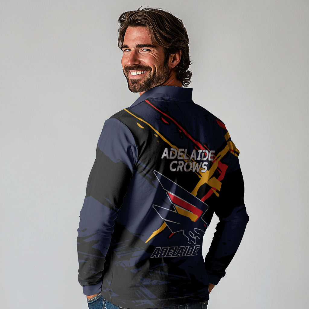 Adelaide Football Club Long Sleeve Polo Shirt Crows Muscular Mascot Graphic - Abstract Paint Splatter Art