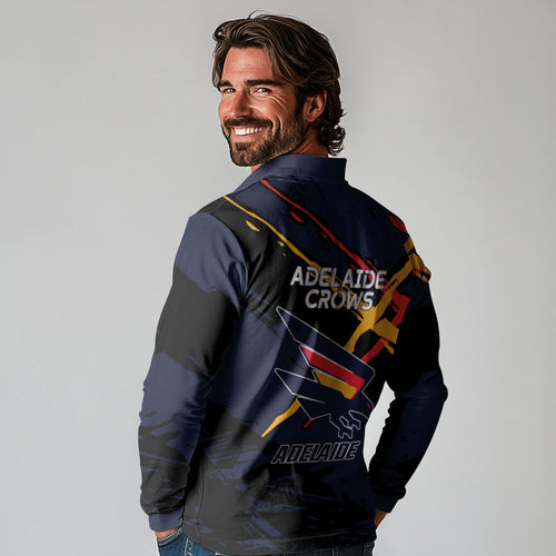 Adelaide Football Club Long Sleeve Polo Shirt Crows Muscular Mascot Graphic - Abstract Paint Splatter Art