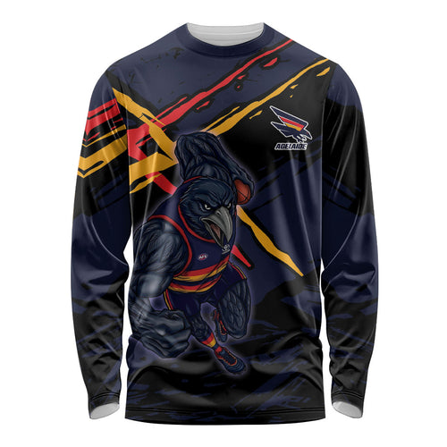 Adelaide Football Club Long Sleeve Shirt Crows Muscular Mascot Graphic - Abstract Paint Splatter Art
